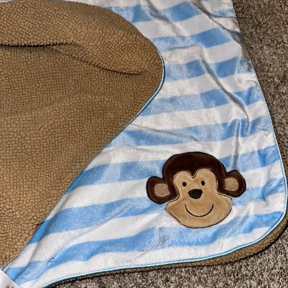 Just One You Carter's Monkey Baby Blanket Striped Blue Brown Soft Sherpa